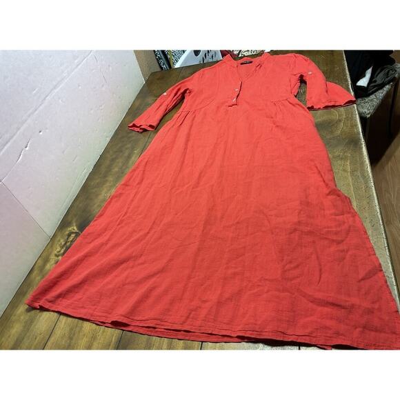 Francesca Bettini Dress Small Red Linen Blend Italy 3/4 Roll Tab Sleeve Boho - Picture 2 of 14